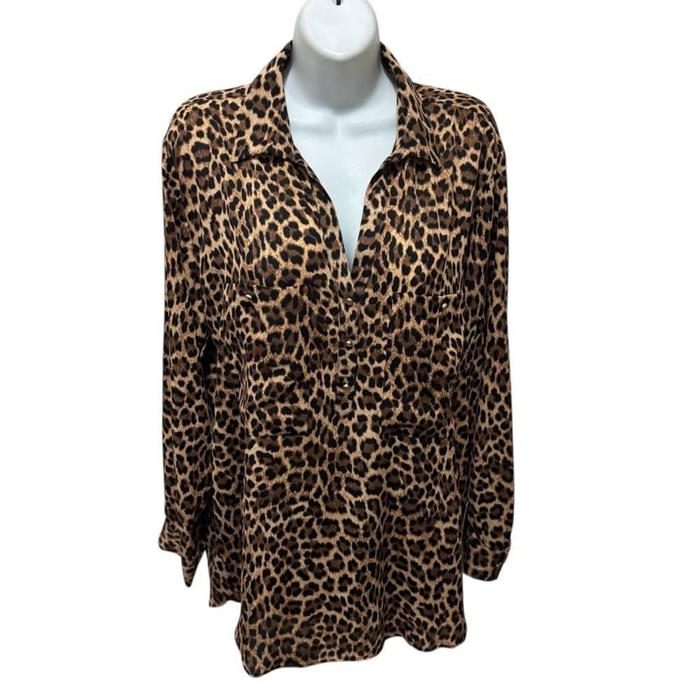 Zara Leopard Print Chiffon Blouse Relaxed Full Sleeve Pockets Sexy Sz XL Career